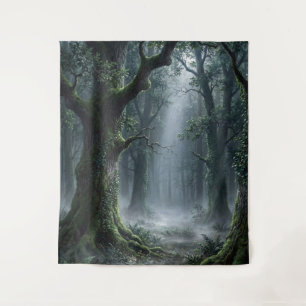 Betoverd Bos   Nevelige Groene Fantasie Wandtapijt Wandkleed