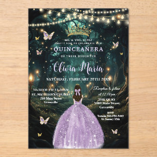 Betoverd bos Paarse Lila jurk Quinceañera Acryl Uitnodigingen