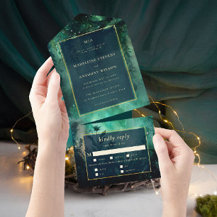 Betoverd bos Romantische Bossen Green Gold Wedding All In One Uitnodiging