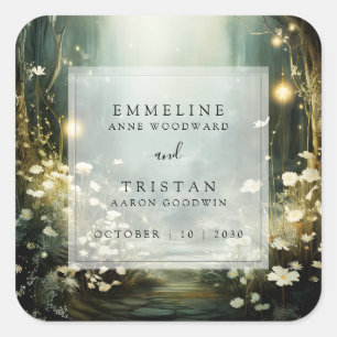 Betoverd bospad van bloemen groene bruiloft vierkante sticker