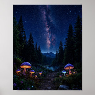 Betoverd Middernachtelijk Bos: Glowende Paddenstoe Poster