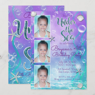 Betoverd onder de zee paars turquoise 3 foto feest kaart