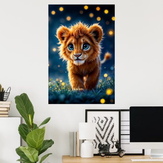 Betoverde blauw-ogige leeuwenwelp in vuurvlieggloe poster (Thuiskantoor)