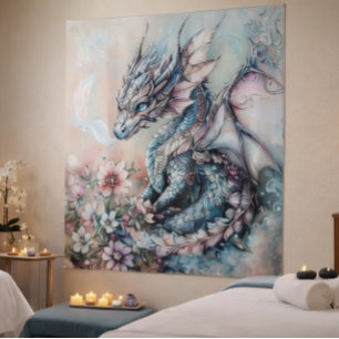 Betoverde Blauwe Draak Fantasie Wandtapijt Wandkleed