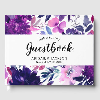 Betoverde Bloemen Paarse Bloemen Bruiloft Monogram Gastenboek