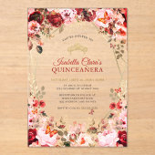 Betoverde Bloemen Scarlet Elegantie Goud Quinceane Acryl Uitnodigingen (Voorkant)