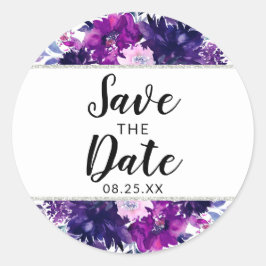 Betoverde Bloemenviooltje en Zilver Save the Date Ronde Sticker