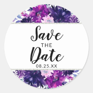 Betoverde Bloemenviooltje en Zilver Save the Date Ronde Sticker