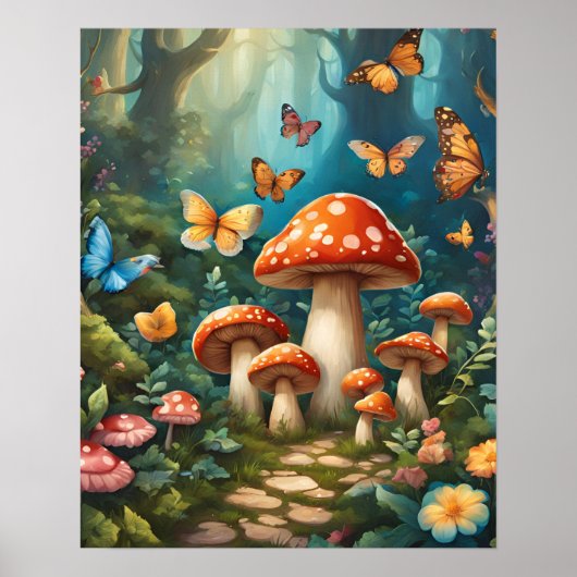 Betoverde Bos Magic Mushroom Vlinders Bloem Poster (Voorkant)
