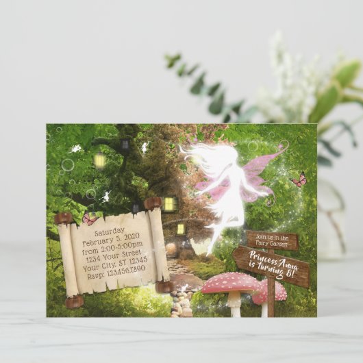 Betoverde Bos Roze Fee Uitnodiging (Staand voorkant)