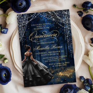 Betoverde bos zwarte jurk Quinceañera Kaart