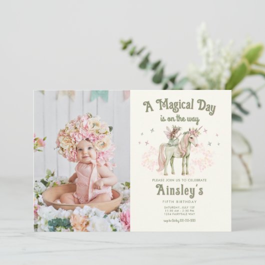 Betoverde Eenhoorn en Fairy Custom Photo Verjaarda Kaart (Staand voorkant)