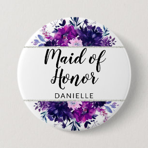 Betoverde Floral Paarse Maid of Honor Monogrammed Ronde Button 7,6 Cm