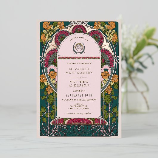 Betoverde Forest Art Deco bruiloft uitnodiging (Staand Voorkant)