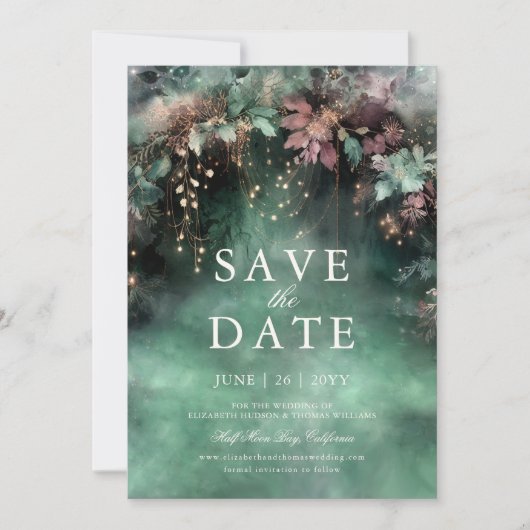 Betoverde Forest Lush Mauve Bruiloft Save the Date Kaart (Voorkant)