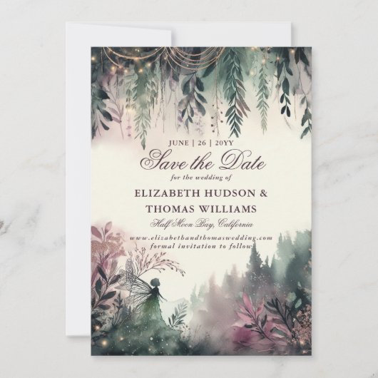 Betoverde Forest Mauve Fairy Bruiloft Save the Dat Kaart (Voorkant)