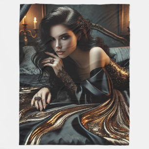 Betoverde Gotische Elegantie – Luxe Zwart & Goud Fleece Deken