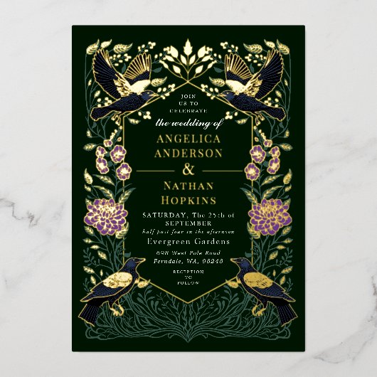 Betoverde Gotische Raven Paarse Snapdragon bruilof Folie Uitnodiging (Voorkant)