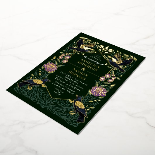 Betoverde Gotische Raven Paarse Snapdragon bruilof Folie Uitnodiging (Gedraaid)