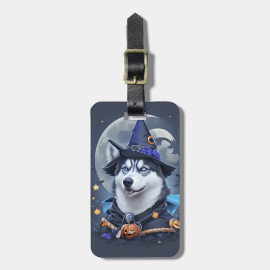 Betoverde Husky Hond: Magische Halloween Verrukkin Bagagelabel (Voorkant verticaal)