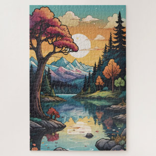 Betoverde Lakeside Serenity Sunset Landschap Legpuzzel