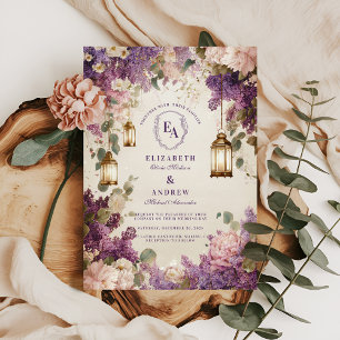 Betoverde Lantaarn Lila Bloemen Wedding Kaart