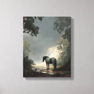 Betoverde paardenlichtstraal kunst in het bos canvas afdruk