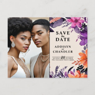 Betoverde Paarse + Oranje Bloemen Halloween bruilo Feestdagenkaart