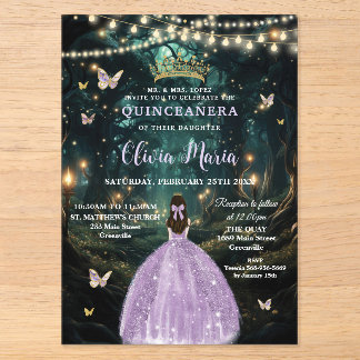 Betoverde Paarse Sering Jurk Quinceañera Acryl Uitnodigingen