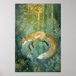 Betoverde smaragdgroene bos magische vos kunst poster