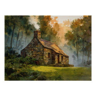 Betoverde stenen cottage-kunst in het bos perfect poster