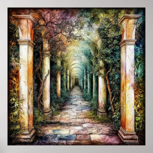 Betoverde stenen pad met gebogen pilaren poster