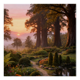 Betoverde Tuin bij Dageraad Majestueuze Bomen Perfect Poster