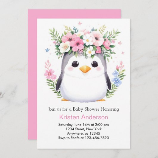 Betoverde Waterverf Pinguïn Meisje Baby shower Kaart (Voorkant / Achterkant)