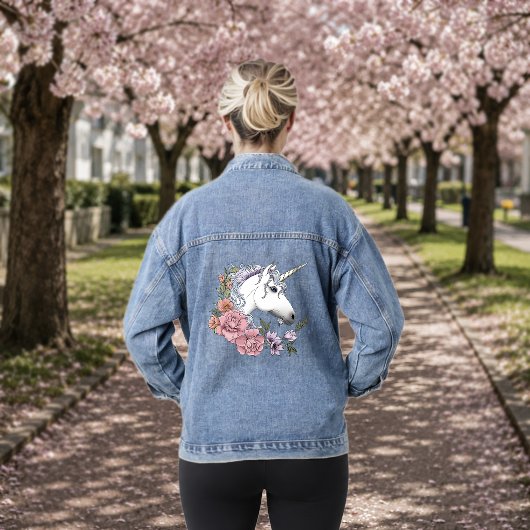 Betoverde Witte Eenhoorn Bloemen Roze Zwart Denim Jacket