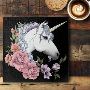Betoverde Witte Eenhoorn Bloemen Roze Zwart Legpuzzel