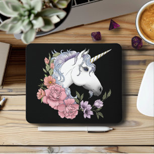 Betoverde Witte Eenhoorn Bloemen Roze Zwart Muismat