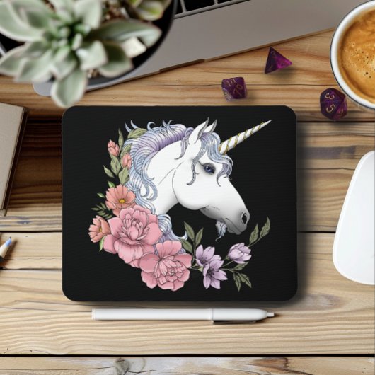 Betoverde Witte Eenhoorn Bloemen Roze Zwart Muismat