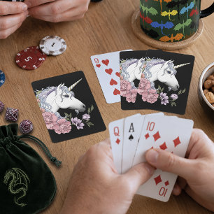 Betoverde Witte Eenhoorn Bloemen Roze Zwart Pokerkaarten