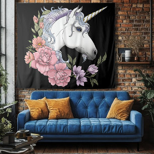 Betoverde Witte Eenhoorn Bloemen Roze Zwart Wandkleed