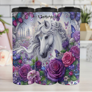 Betoverde witte paard paarse bloemen vlinders thermosbeker