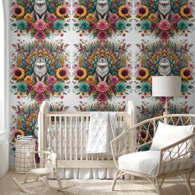 Betoverde wolf en boho bloesems behang (Kinderen)