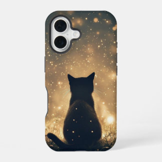 Betoverde Zwarte Kat met Vuurvliegjes Kunstwerk iPhone 16 Hoesje