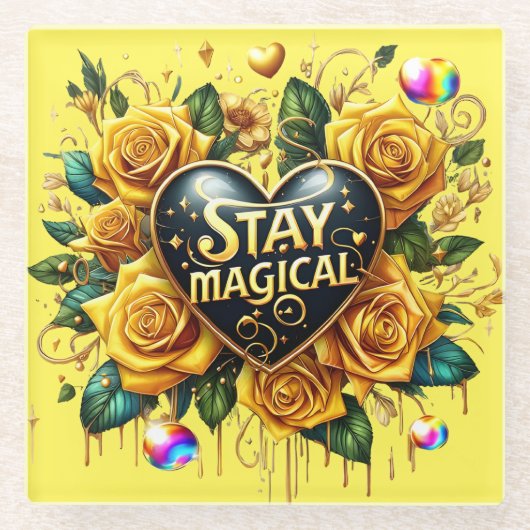 Betoverend boeket van gouden Rozen en hart Glazen Onderzetter (Voorkant)