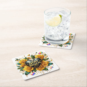 Betoverend boeket van gouden Rozen en hart Vierkante Kartonnen Onderzetter