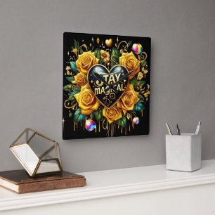 Betoverend boeket van gouden Rozen en hart Vierkante Klok