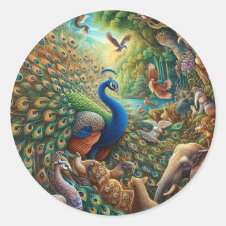 🦚✨ Betoverend Pauw Concert in het Oerwoud 🎨🌿 Ronde Sticker