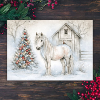 Betoverend Wit Paard en Besneeuwde Schuur Kerstmis Feestdagen Kaart