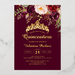 Betoverende bloemen Bourgondië Quinceanera Folie Uitnodiging