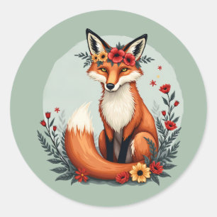 Betoverende bloemennep vos houtland volks kunst ronde sticker